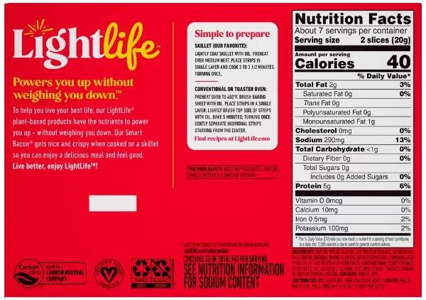 Lightlife Smart Bacon nutrition facts and ingredient panel