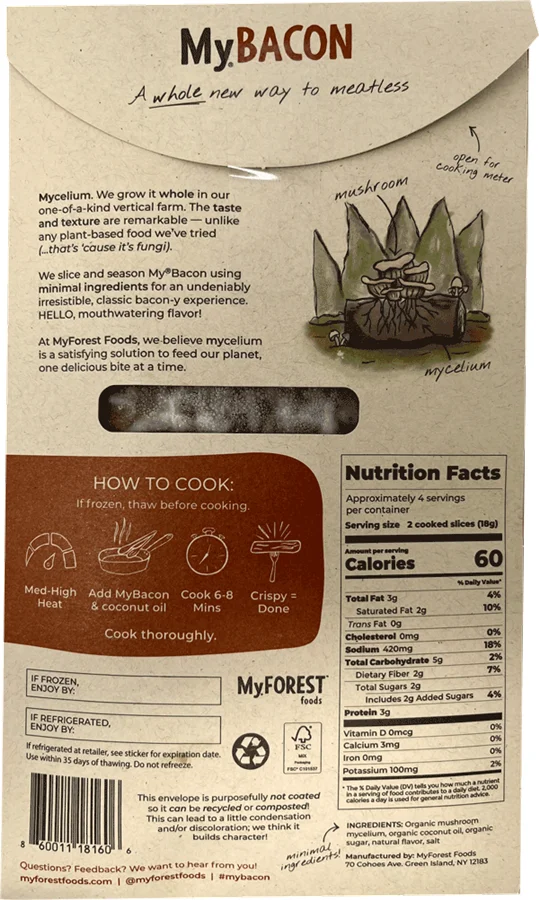 MyBacon Original Recipe package back showing nutrition facts, cooking instructions, and ingredients