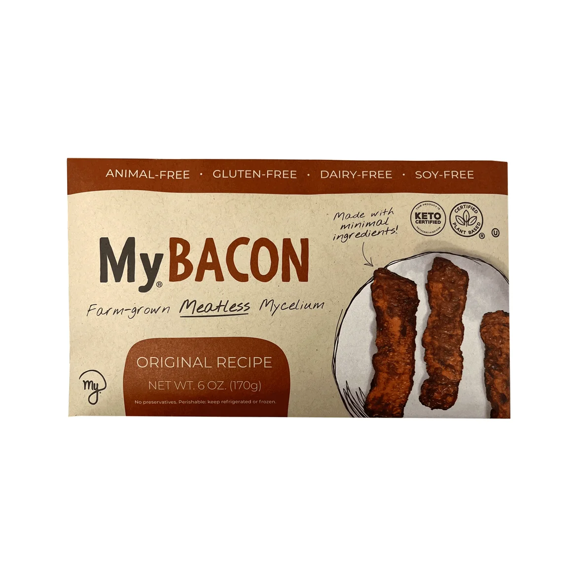 MyForest Foods MyBacon Original Recipe package front showing farm-grown meatless mycelium bacon strips