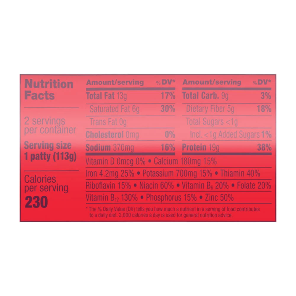 Impossible Burger nutrition facts panel