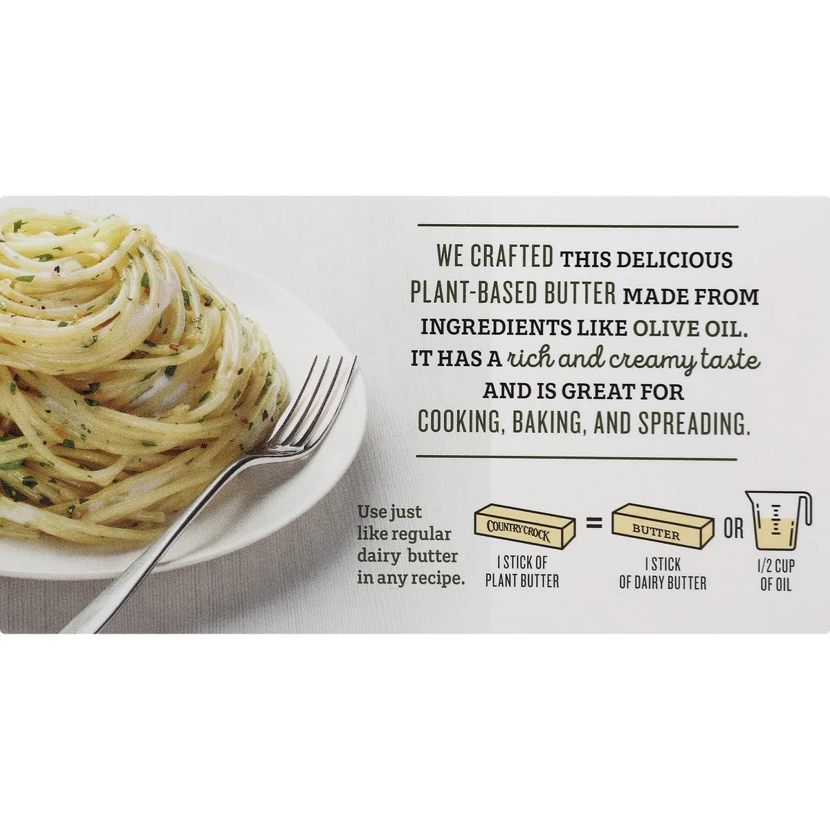 Country Crock Plant Butter with Olive Oil sticks back panel showing pasta dish and cooking usage