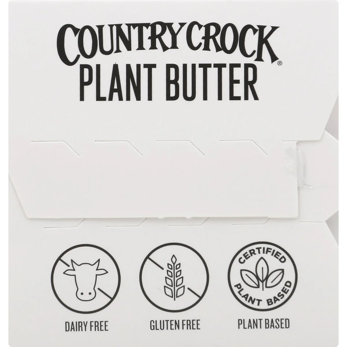 Country Crock Plant Butter with Olive Oil sticks top panel showing dairy free, gluten free, and certified plant based icons