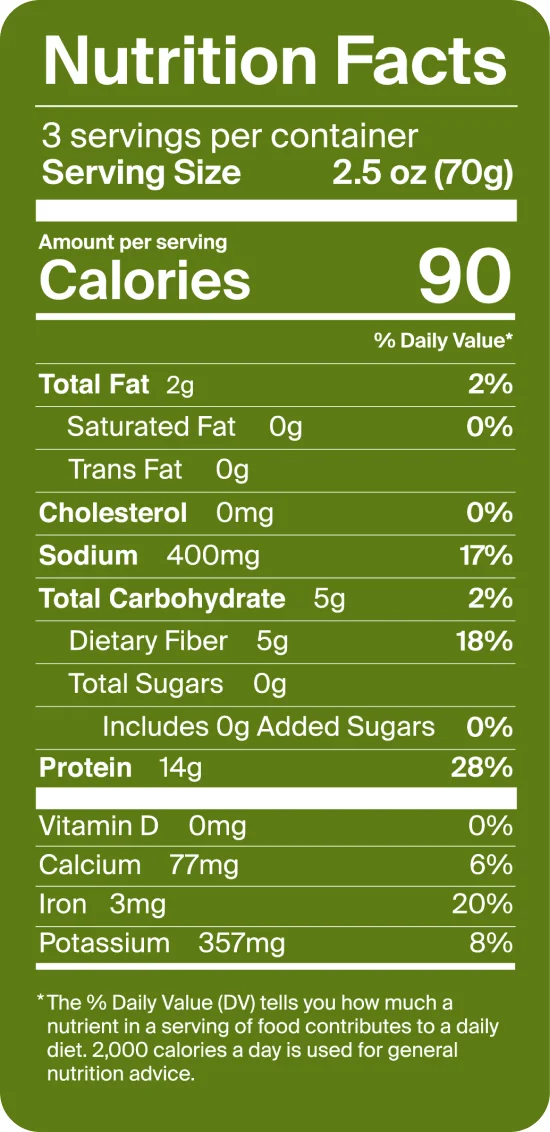 Daring Original Plant Chicken Pieces nutrition facts label showing 90 calories and 14g protein per serving