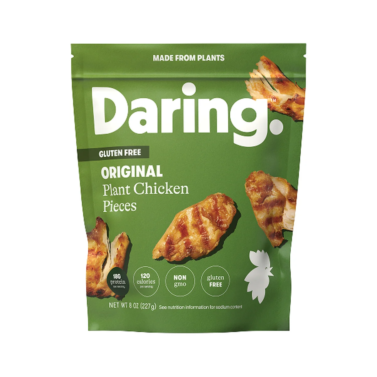 Daring Original Plant Chicken Pieces green package front view showing grilled chicken pieces and nutrition badges