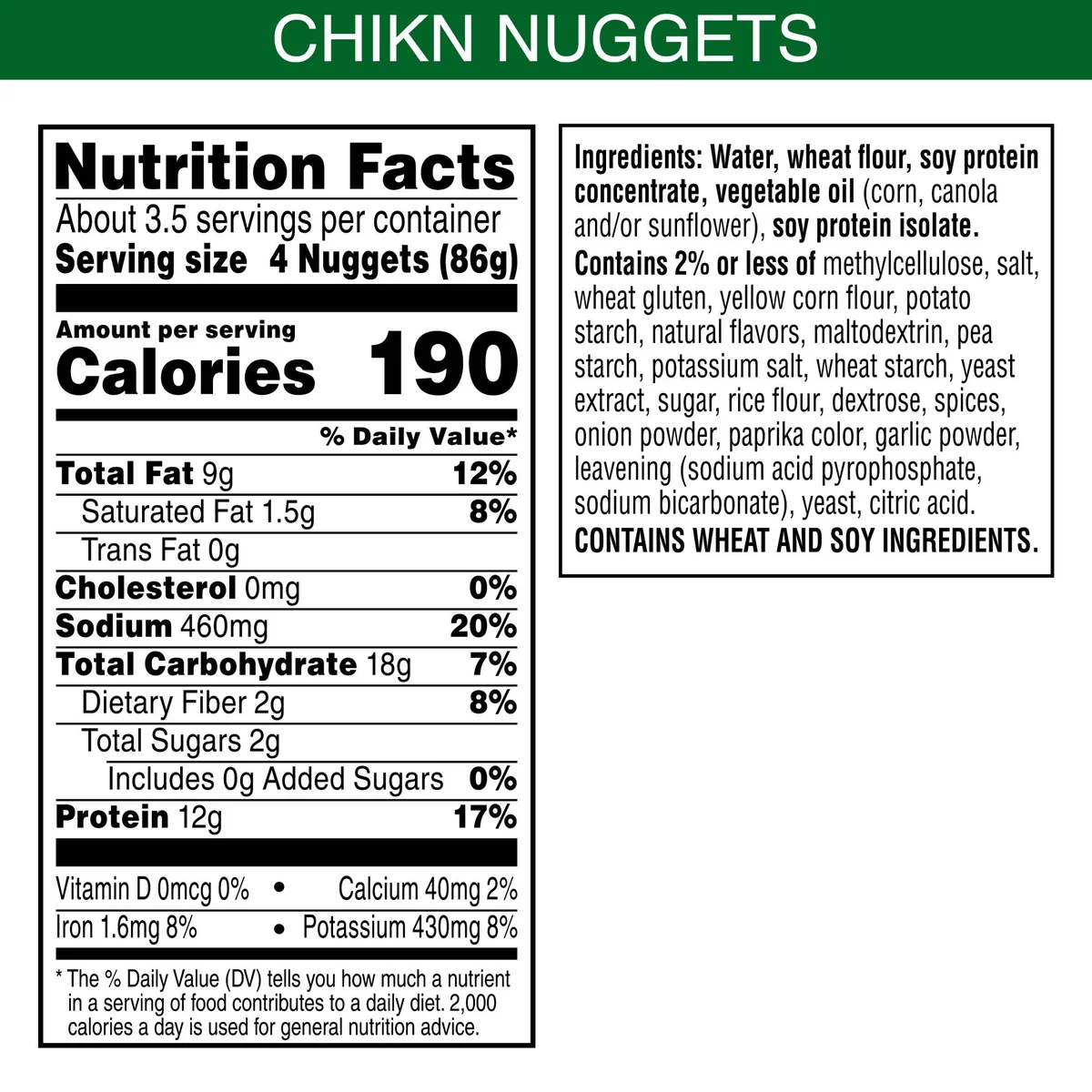 MorningStar Farms Chick'n Nuggets nutrition facts and ingredients label
