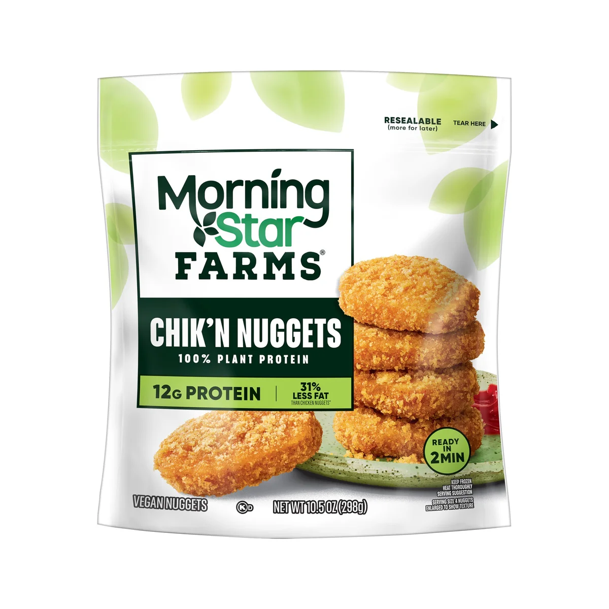 MorningStar Farms Chik'n Nuggets 10.5 oz resealable bag, front view showing stacked golden nuggets and 12g protein badge