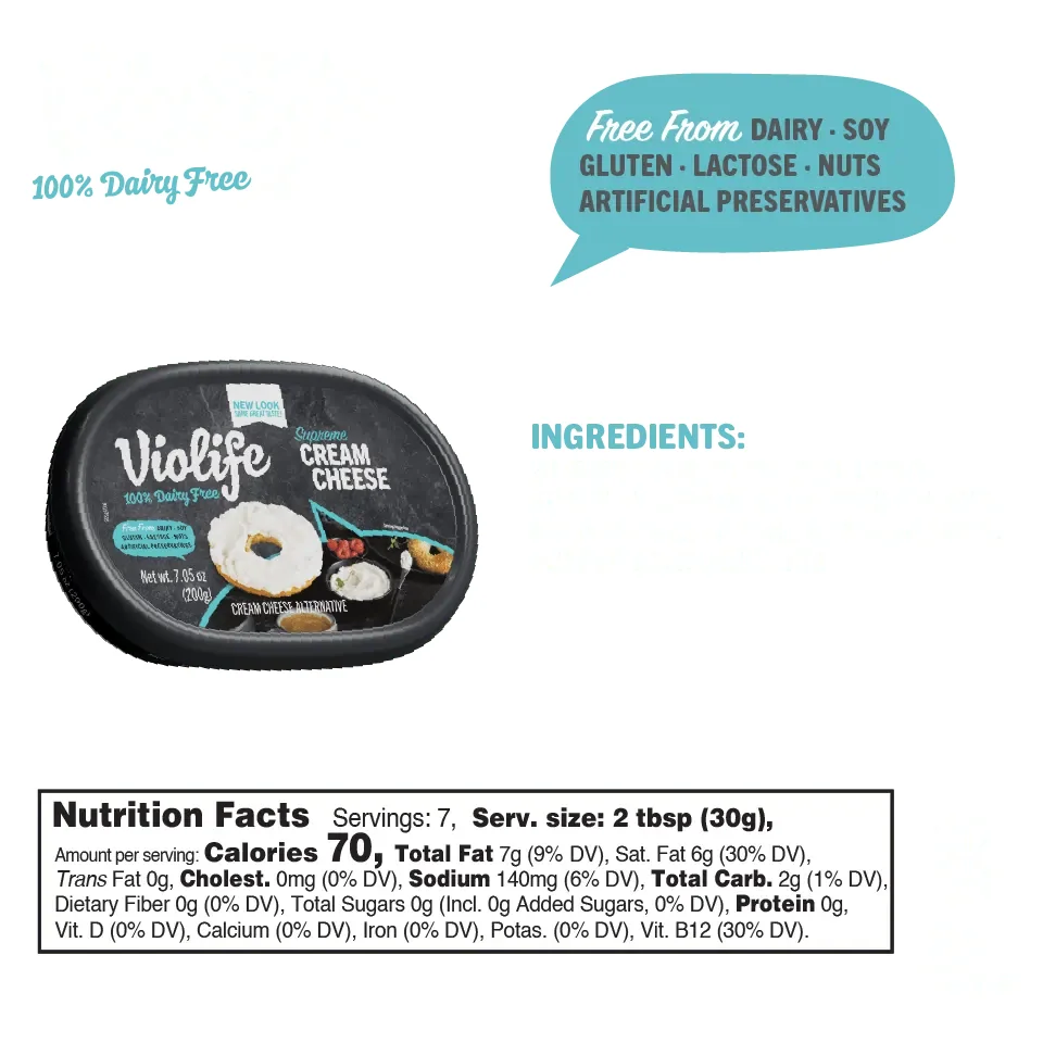Violife Just Like Cream Cheese Original showing ingredients and nutritional facts