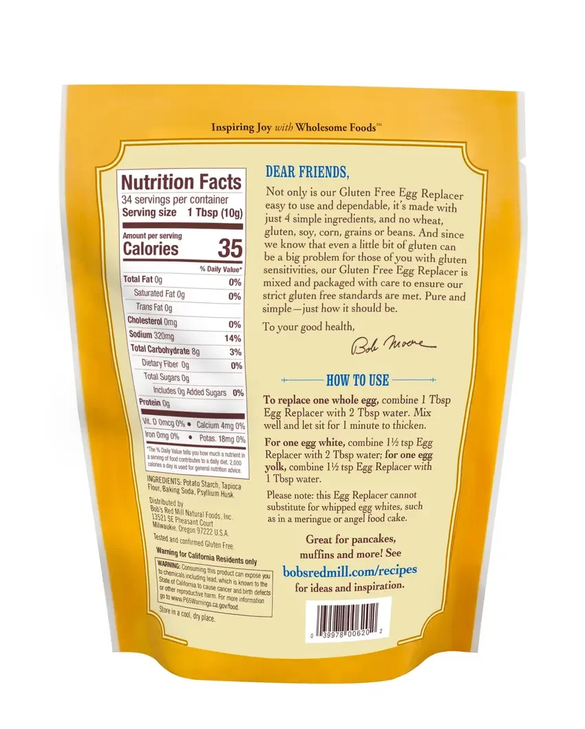 Bob's Red Mill Gluten Free Vegan Egg Replacer back label with nutrition facts and instructions