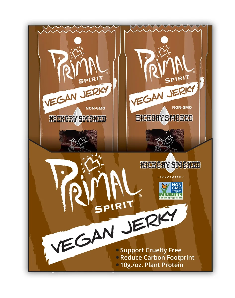 Primal Spirit Hickory Smoked Vegan Jerky display box showing individual strips