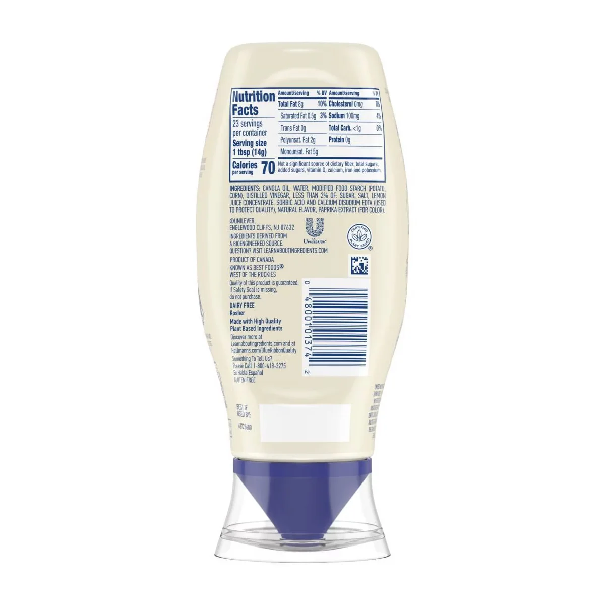 Hellmann's Vegan Mayo nutrition facts and ingredients label