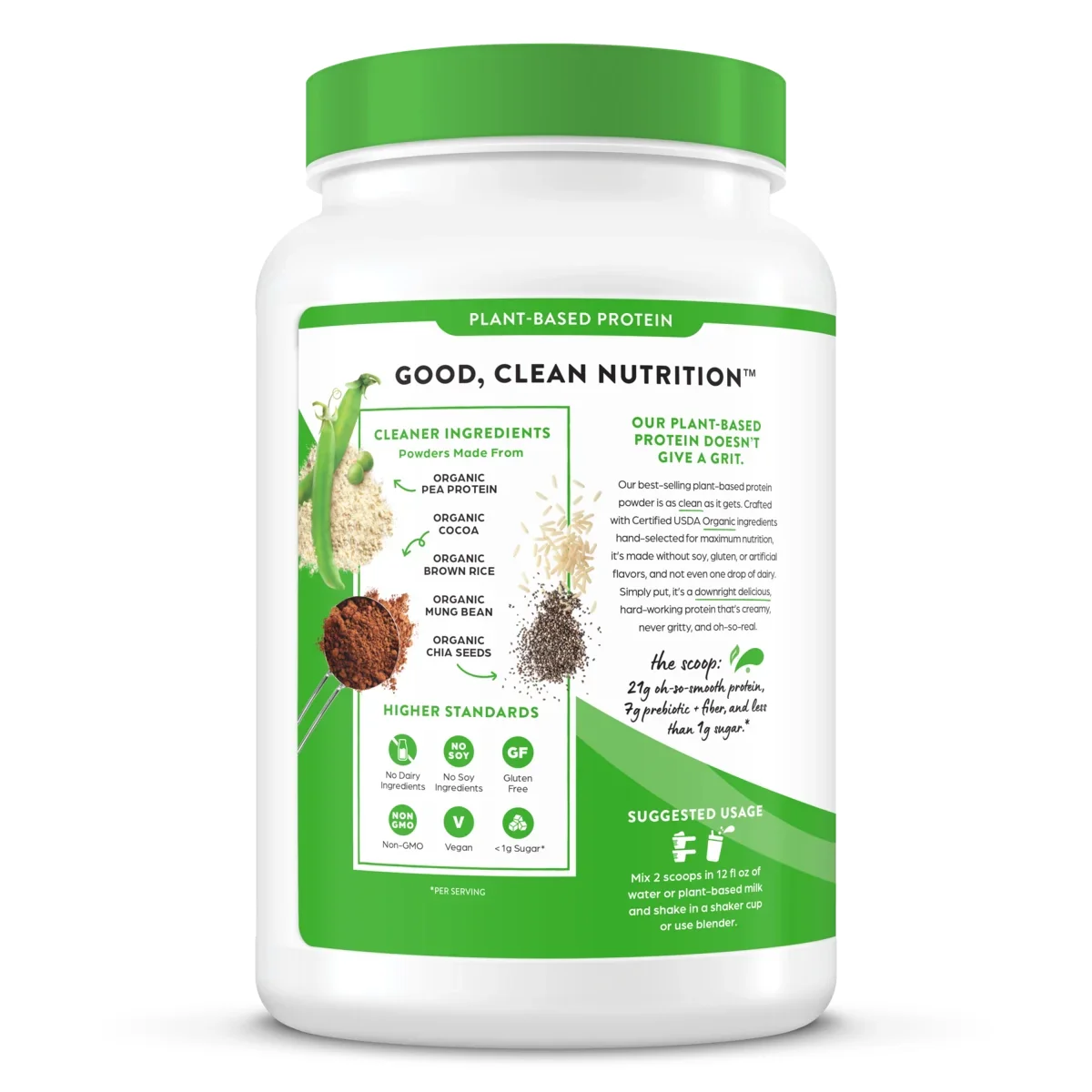 Orgain Organic Protein Powder back panel showing ingredients and product claims