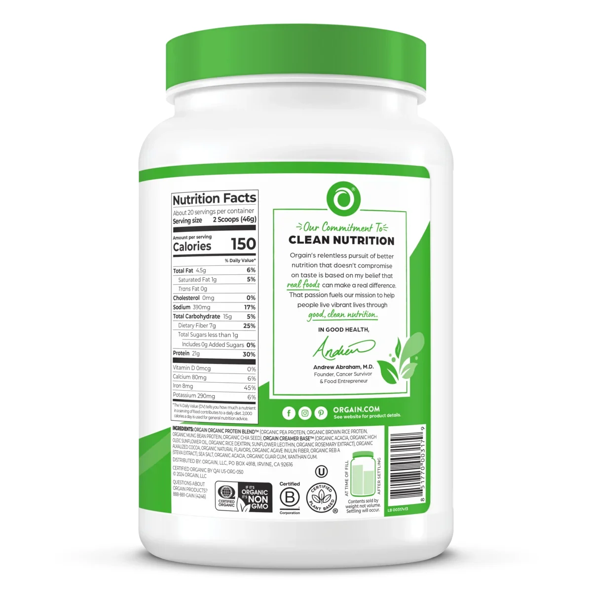 Orgain Organic Protein Powder opposite panel showing nutrition facts label