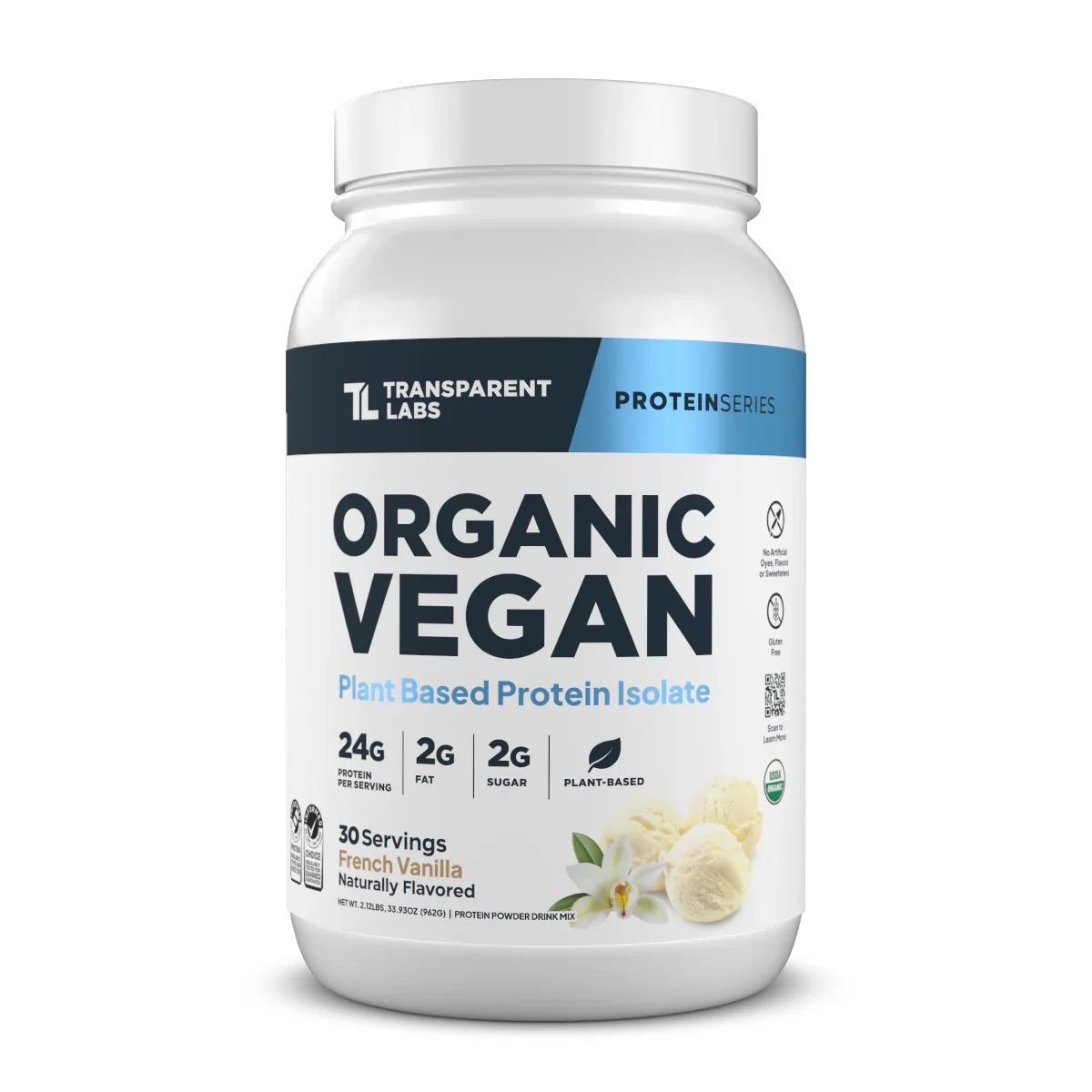 Transparent Labs Organic Vegan Plant-Based Protein Isolate, French Vanilla flavor, 30-serving canister