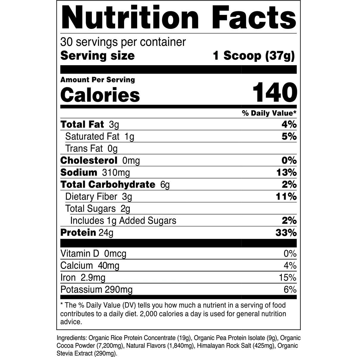 Nutrition facts panel for Transparent Labs Organic Vegan Protein, Chocolate flavor — 24g protein, 140 calories per scoop
