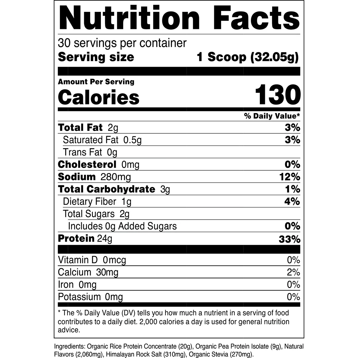 Nutrition facts panel for Transparent Labs Organic Vegan Protein, French Vanilla flavor — 24g protein, 130 calories per scoop