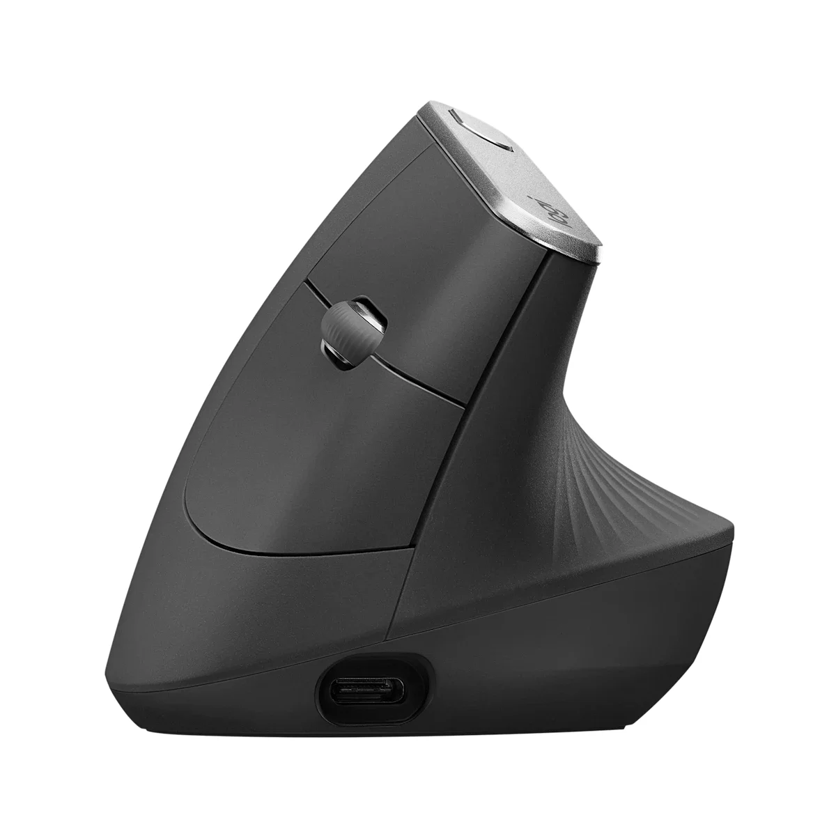 Logitech MX Vertical thumb-side view showing USB-C port and precision button