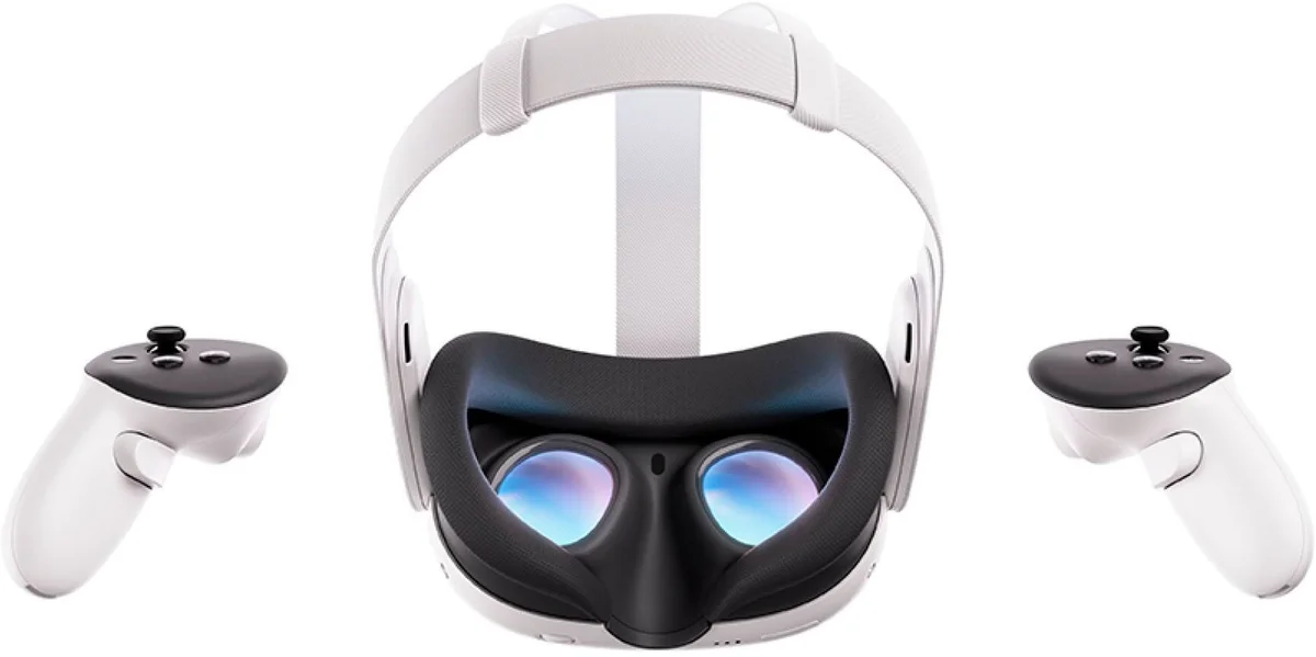 Meta Quest 3 front view showing pancake lenses and Touch Plus controllers