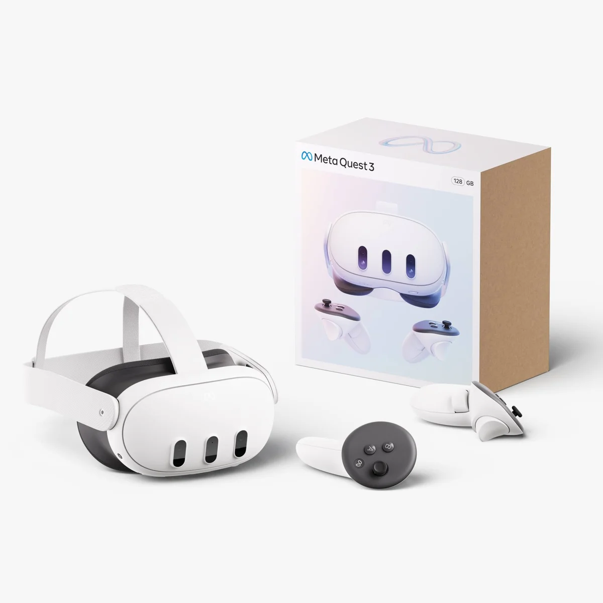 Meta Quest 3 headset with retail box and Touch Plus controller on grey background