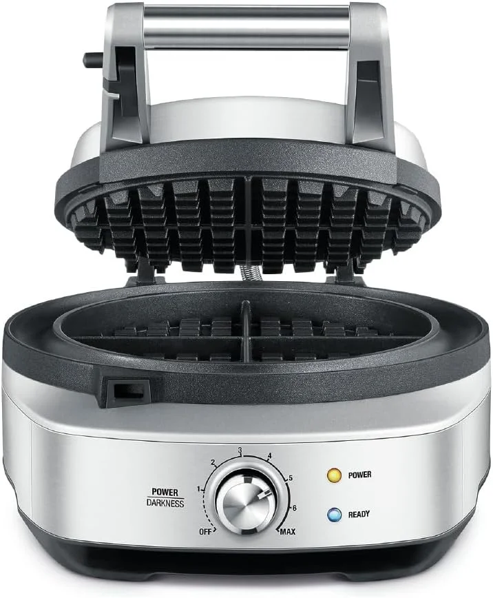 Breville No-Mess Waffle Maker BWM520XL front view with lid open, showing the seven-setting shade dial and power/ready indicator lights