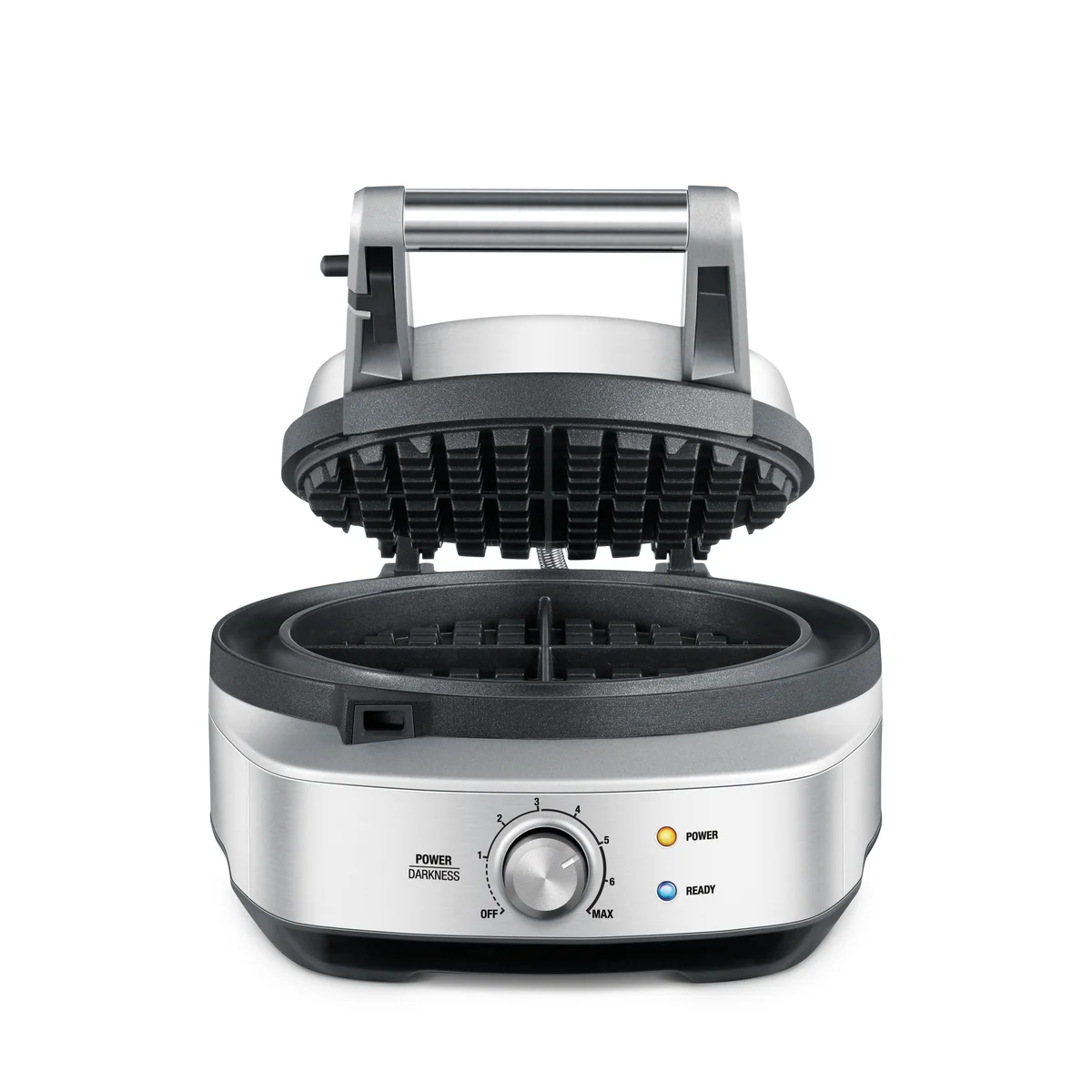 Breville No-Mess Waffle Maker BWM520XL open, showing the round nonstick waffle grid and stainless steel body
