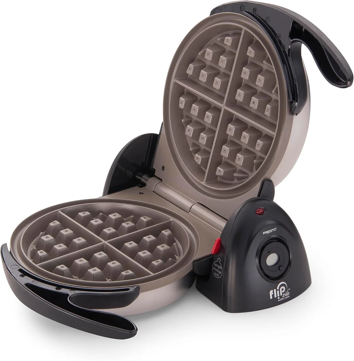 Presto FlipSide Belgian Waffle Maker open and empty, showing the ceramic nonstick plates and center flip hinge