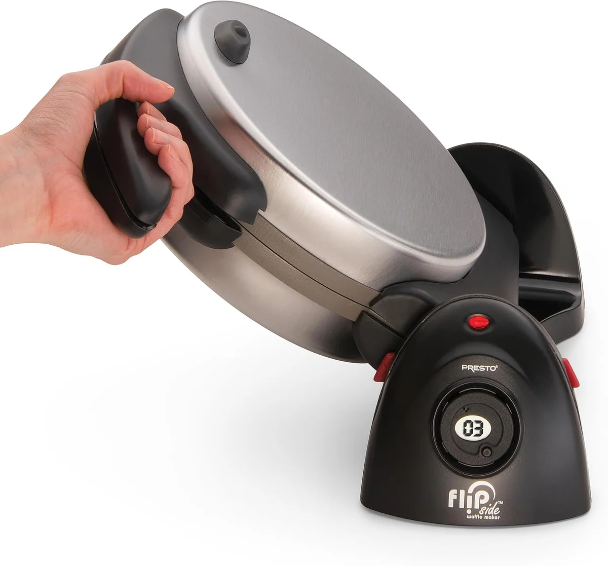 Close-up of a hand rotating the closed Presto FlipSide Belgian Waffle Maker using its 180-degree flip handle