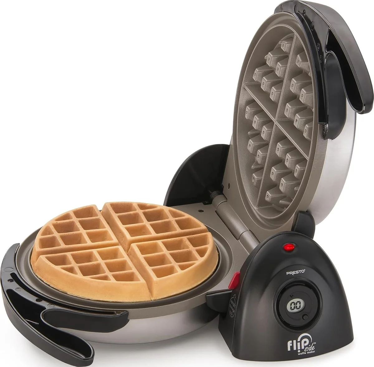 Presto FlipSide Belgian Waffle Maker open with a finished golden-brown Belgian waffle on the lower plate