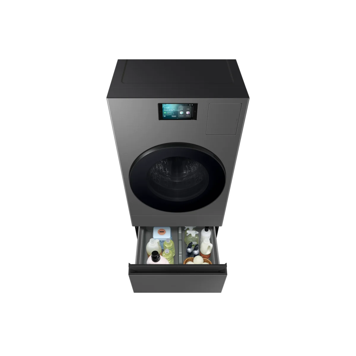 Samsung Bespoke AI All-in-One Flex Auto Dispense drawer open with detergent bottles