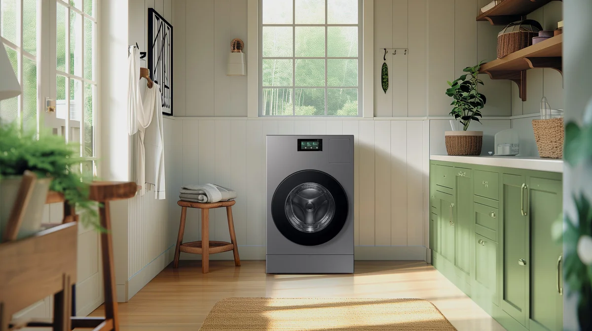 Samsung Bespoke AI All-in-One installed in a bright laundry room with green cabinetry