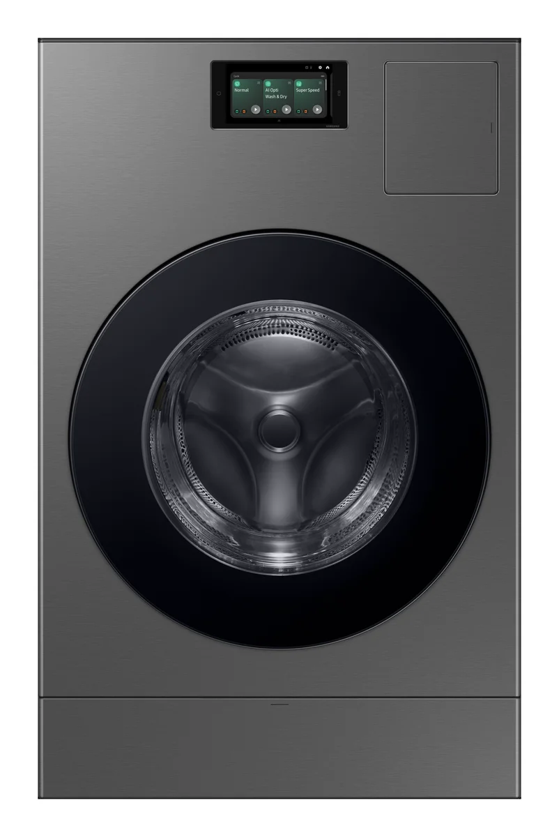Samsung Bespoke AI All-in-One washer dryer front view in Dark Steel