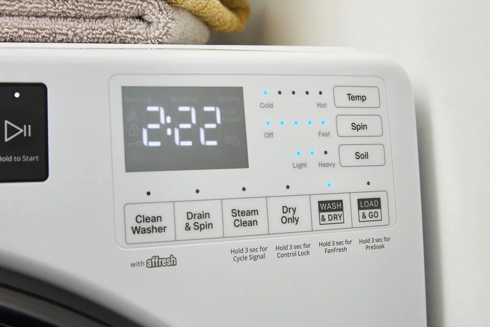 Whirlpool WFC682CLW control panel showing LED display, Wash & Dry, and Load & Go buttons