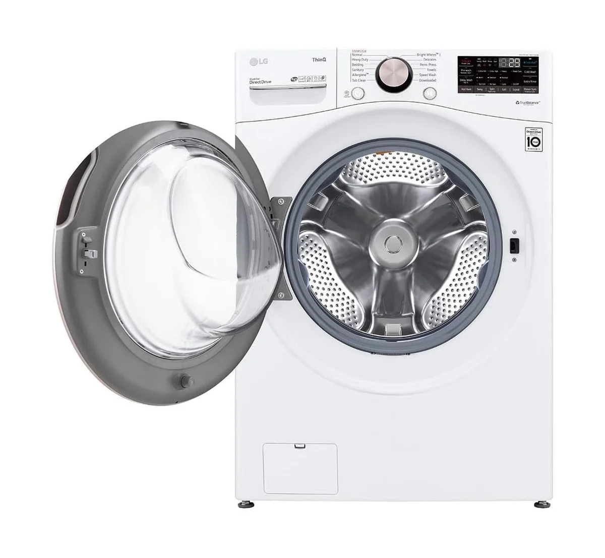 LG WM4000HWA front view with door open showing stainless drum and control panel