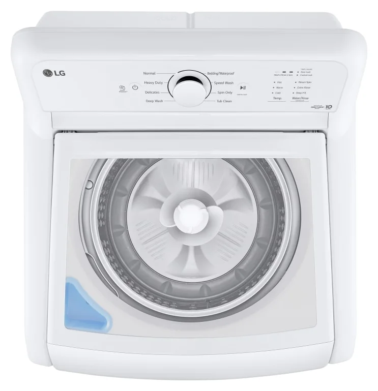 LG WT6105CW drum and agitator top-down view through glass lid
