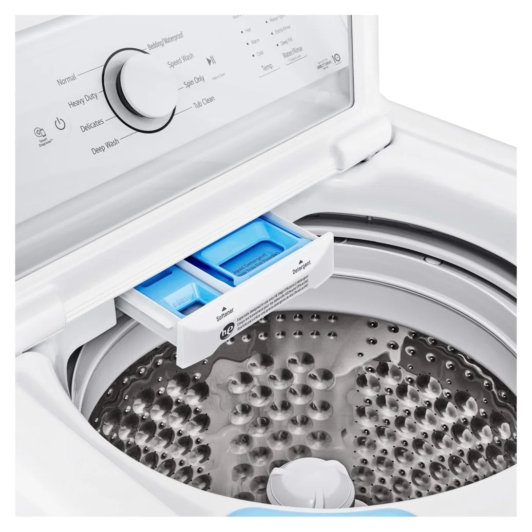 LG WT6105CW TurboDrum agitator and pull-out detergent drawer close-up