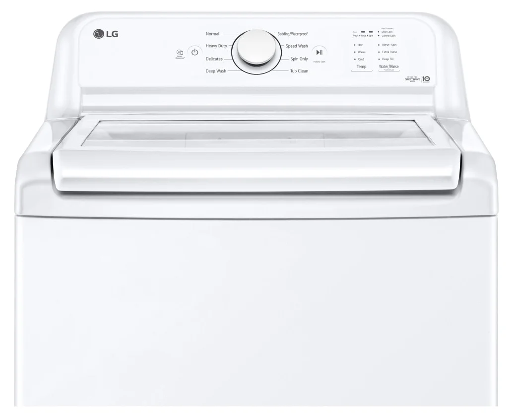 LG WT6105CW control panel with cycle selector dial and SlamProof lid closed