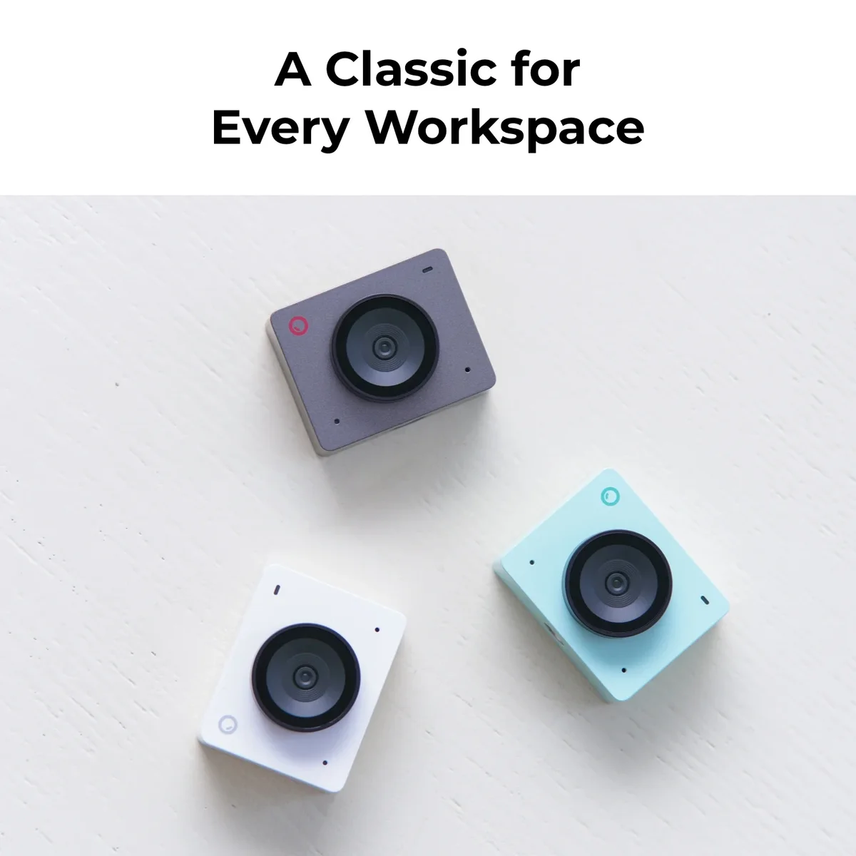 OBSBOT Meet SE webcam in all three color variants — Space Grey, Cloud White, and Aurora Green