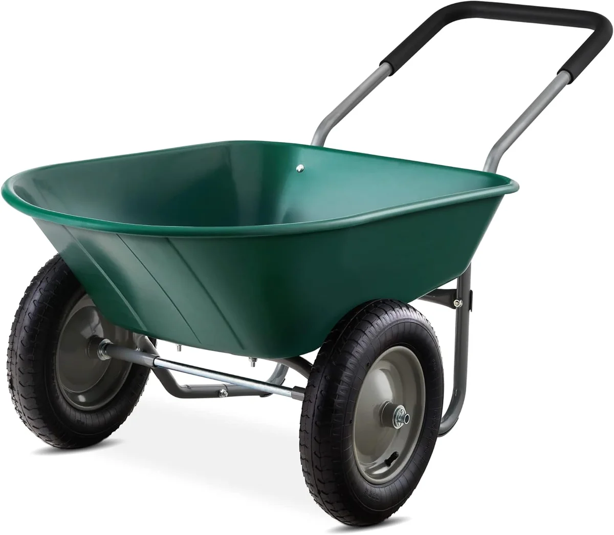 Best Choice Products SKY7888 dual-wheel wheelbarrow, dark green tub with padded handle grip visible, front-low angle view