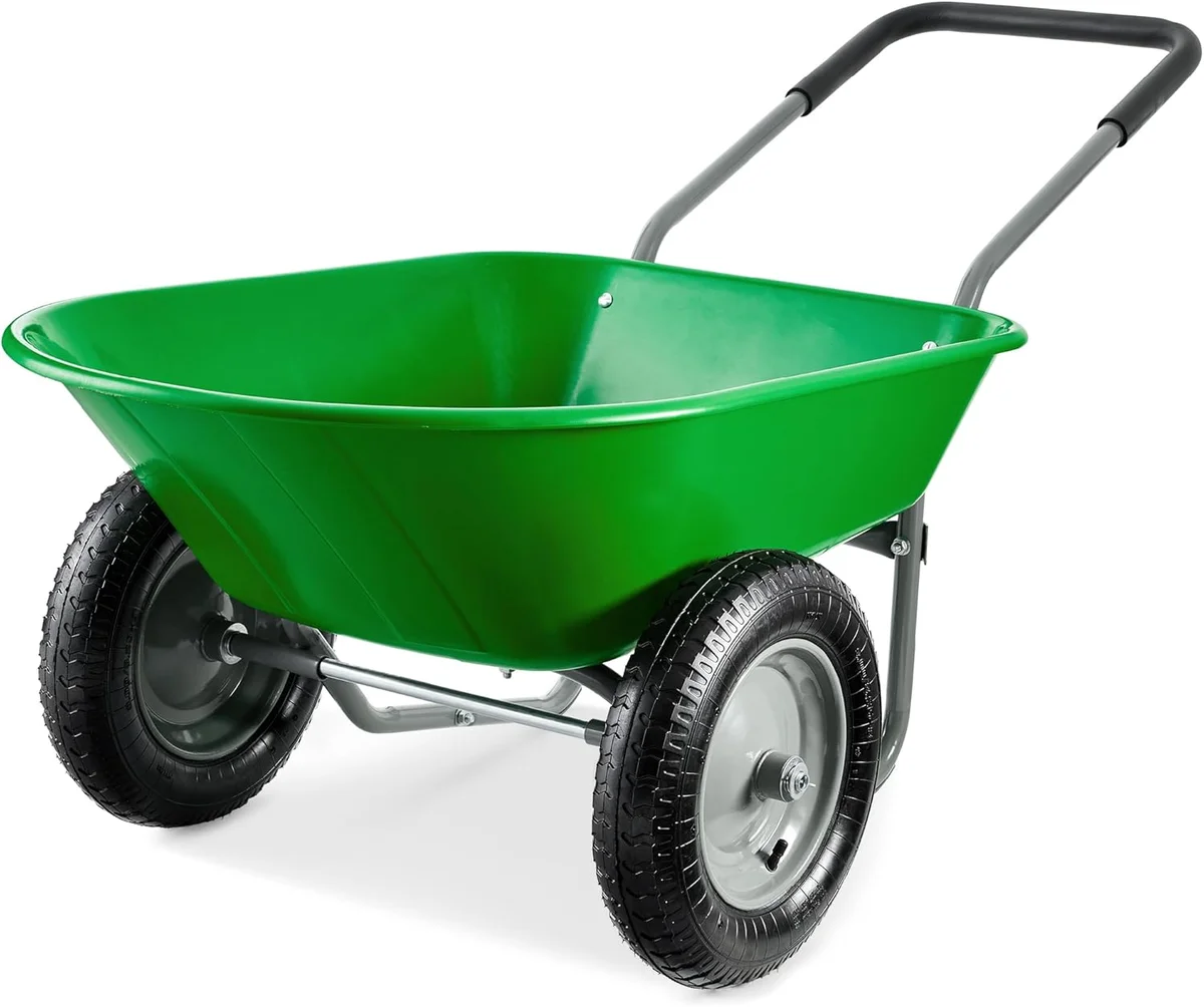 Best Choice Products SKY7888 dual-wheel wheelbarrow, bright green poly tub showing dual 14-inch pneumatic tires and steel frame
