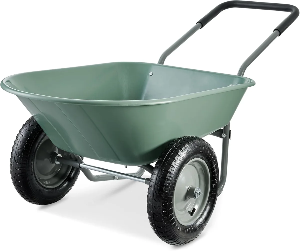 Best Choice Products SKY7888 dual-wheel wheelbarrow, sage green poly tub, 3/4 front view on white background