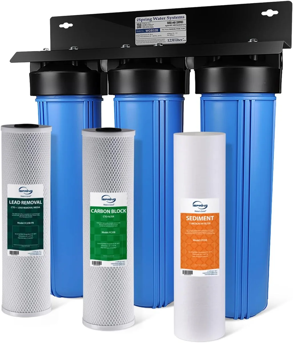 iSpring WGB32B whole house filter bracket and Big Blue housings with replacement cartridges displayed