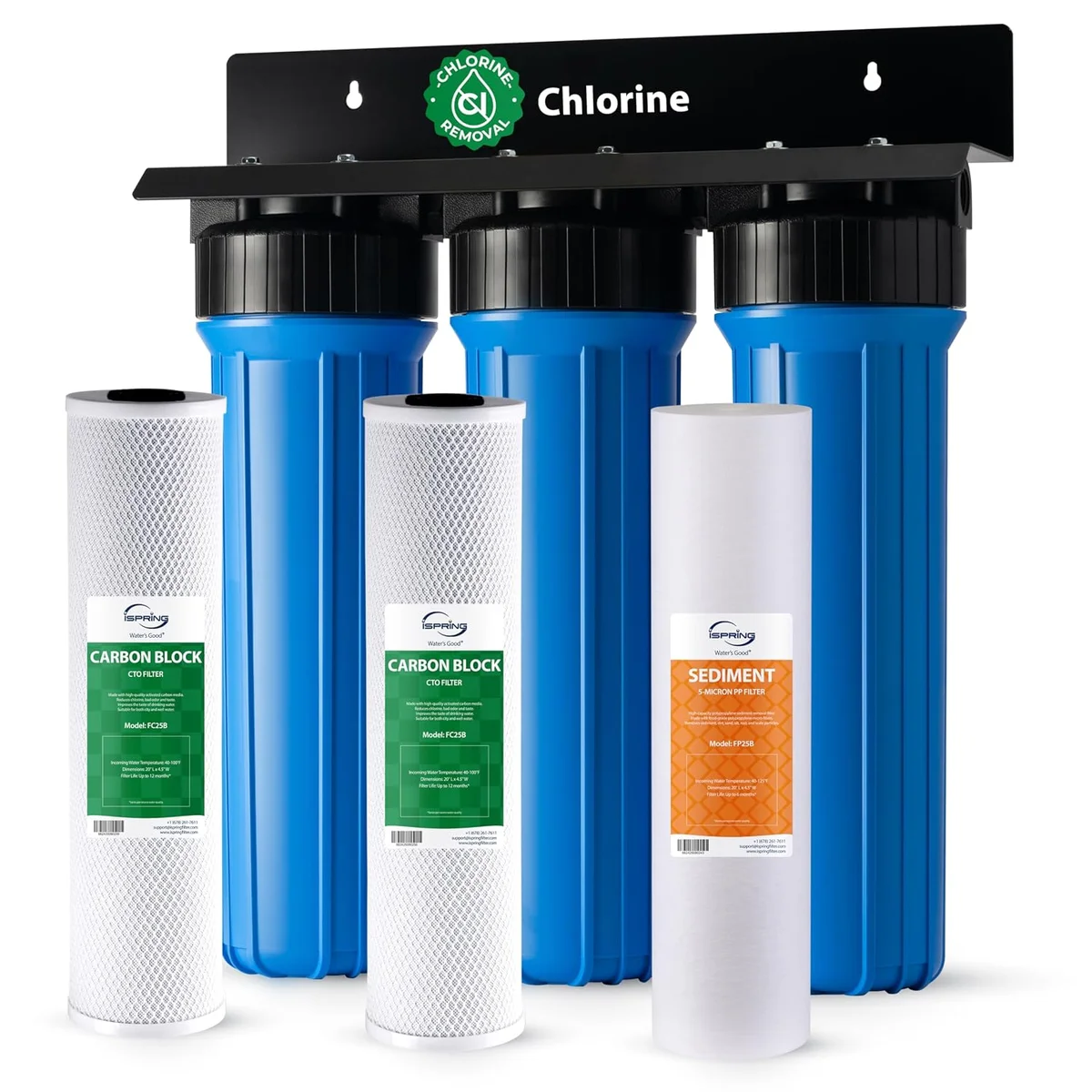 iSpring WGB32B three-canister whole house water filter system with Big Blue housings and filter cartridges