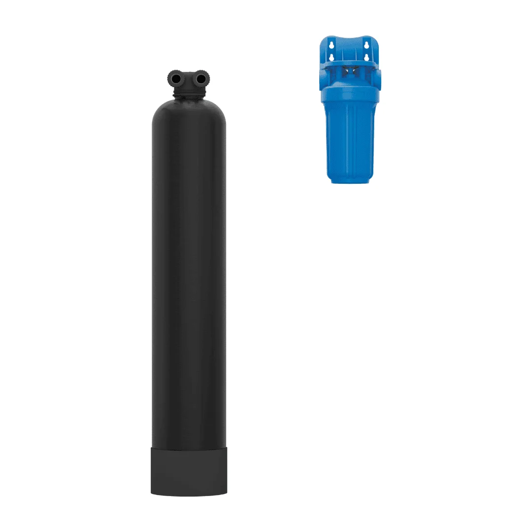 SpringWell CF1 whole house water filter tank and sediment pre-filter housing on white background