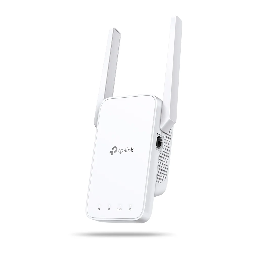 TP-Link RE315 side profile showing fast-ethernet port and ventilation