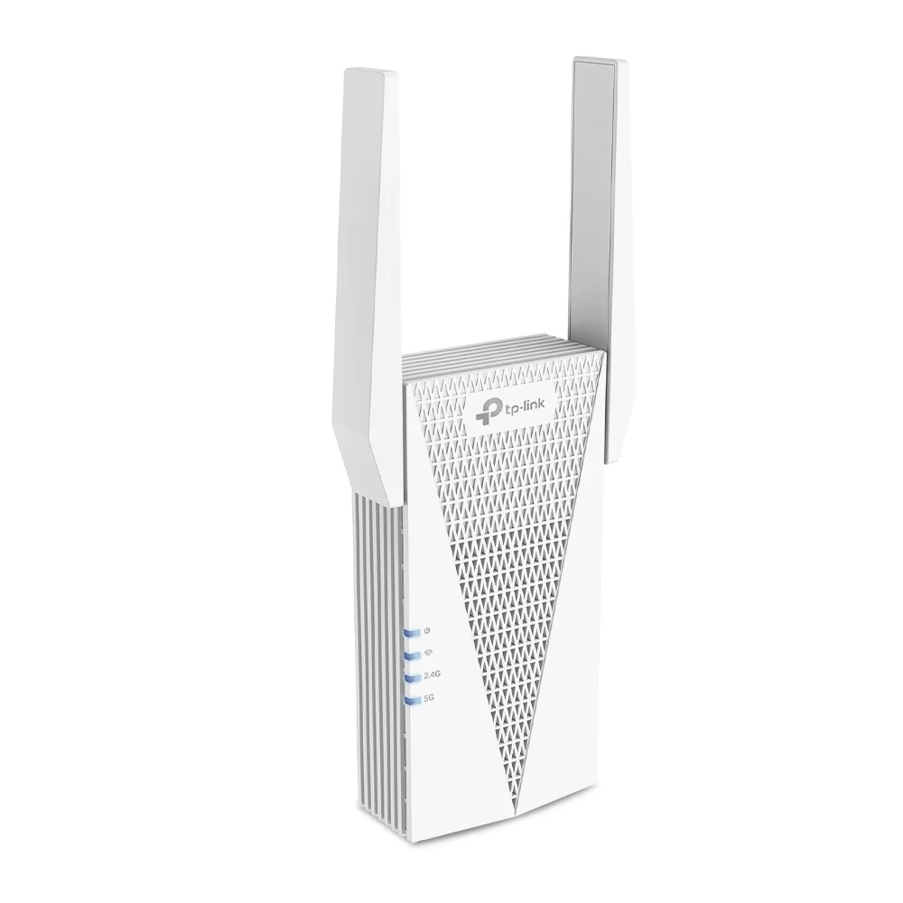 TP-Link RE715X AX3000 Wi-Fi 6 range extender front-left angle showing ventilation and antenna placement