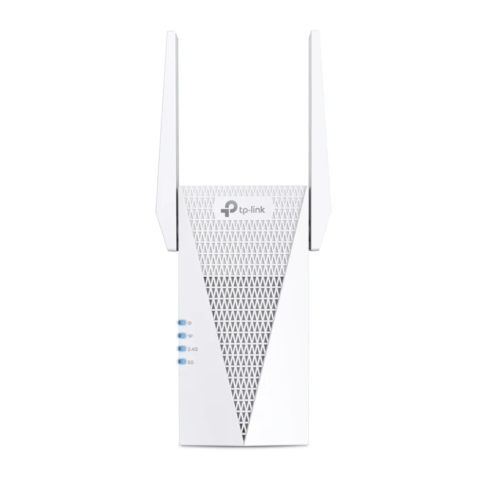 TP-Link RE715X AX3000 Wi-Fi 6 range extender straight-on front view with TP-Link logo and status LEDs