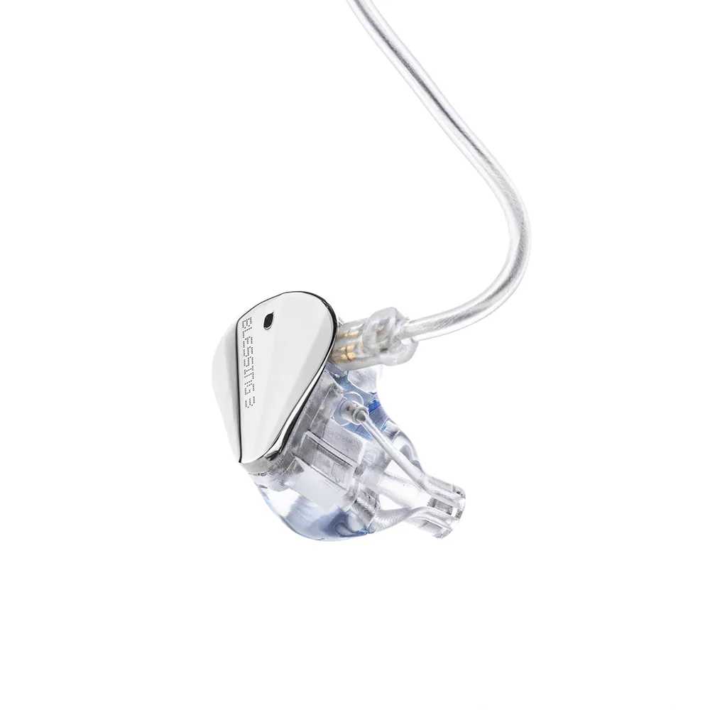 Close-up of Moondrop Blessing 3 metal faceplate and black resin shell with cable