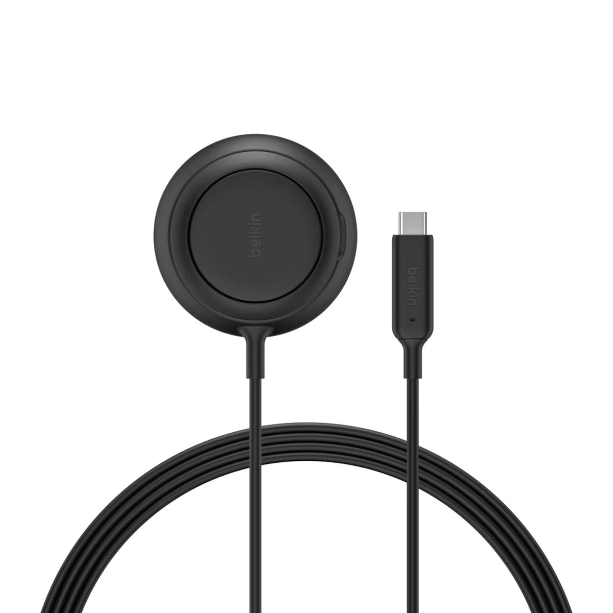 Belkin UltraCharge Magnetic Charger with its coiled 6.6 ft tethered USB-C cable and connector