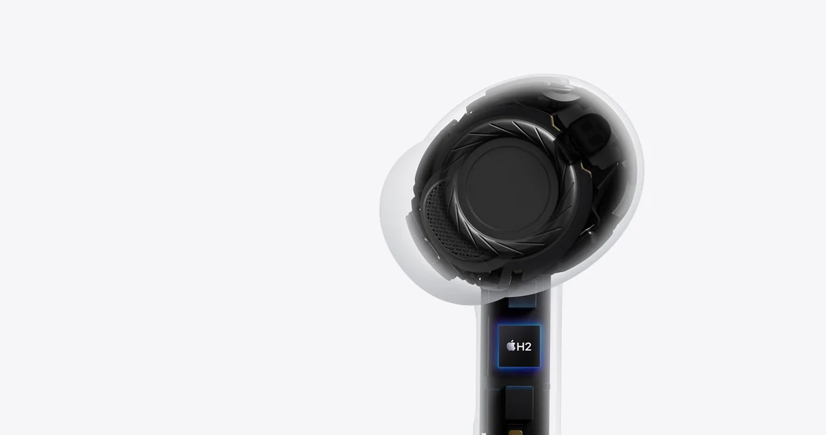 Apple AirPods Pro 3 internal cutaway showing H2 chip and acoustic architecture