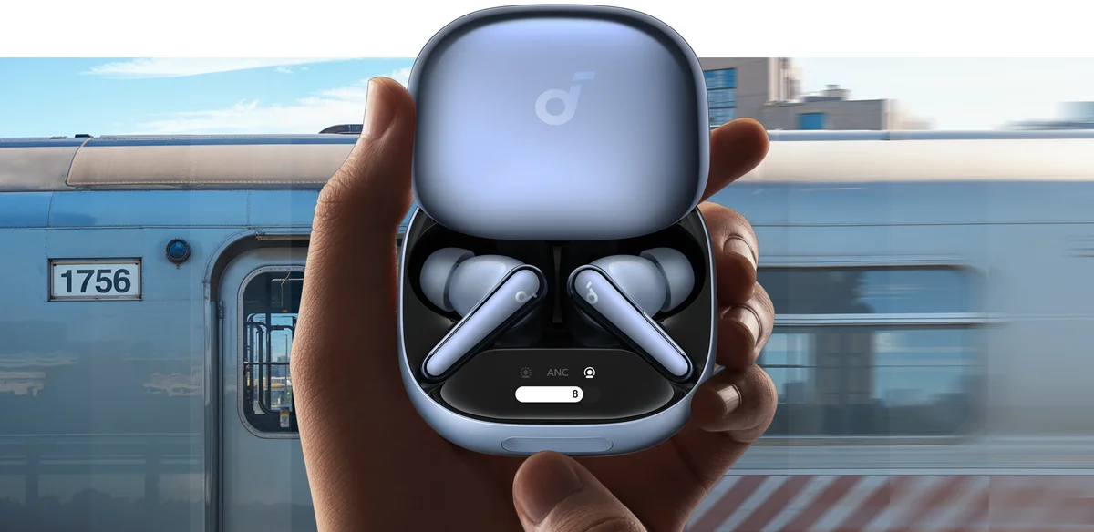 Soundcore Liberty 4 Pro case held in hand showing ANC touchscreen controls