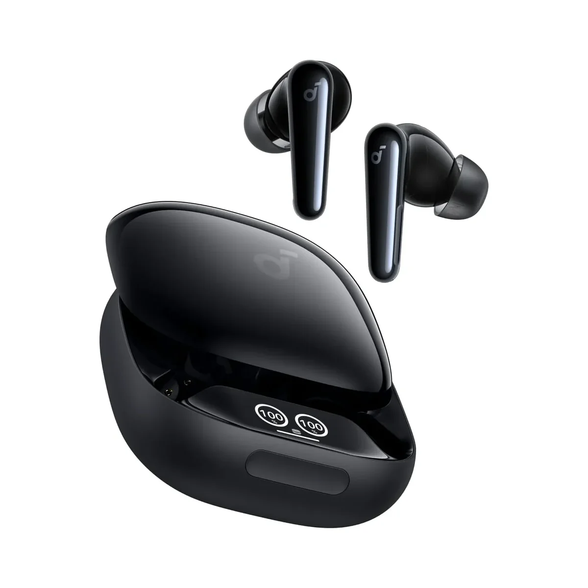 Soundcore Liberty 4 Pro earbuds with open charging case showing touchscreen display
